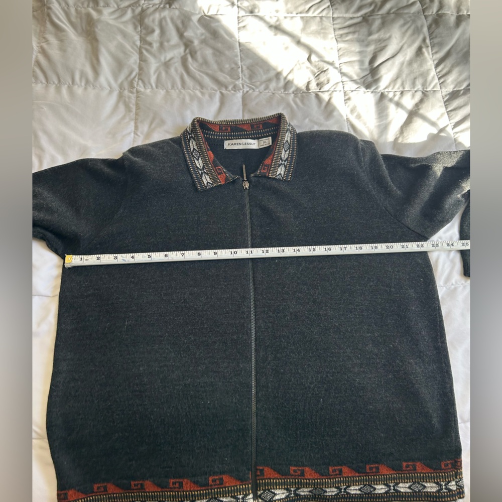 Gray Zip-Up Sweater With Patterned Trim - image 3